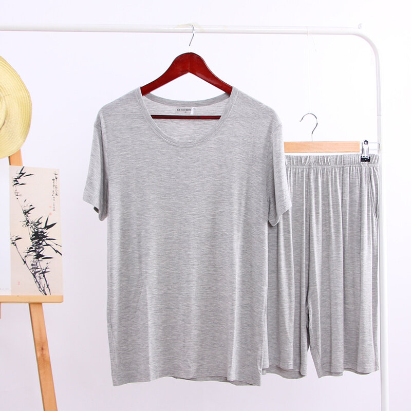 Summer Modal Pajama Sets Thin Short Sleeve T-shirt Shorts Sleepwear Mens Casual Set 2 Piece V-Neck Solid Color Home Clothing
