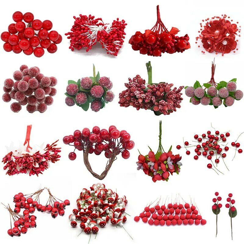 Рождественский красный цветок, искусственные цветы, тычинки, ягоды вишни, Рождественский венок для рукоделия, Свадебная вечеринка, товары для украшения дома