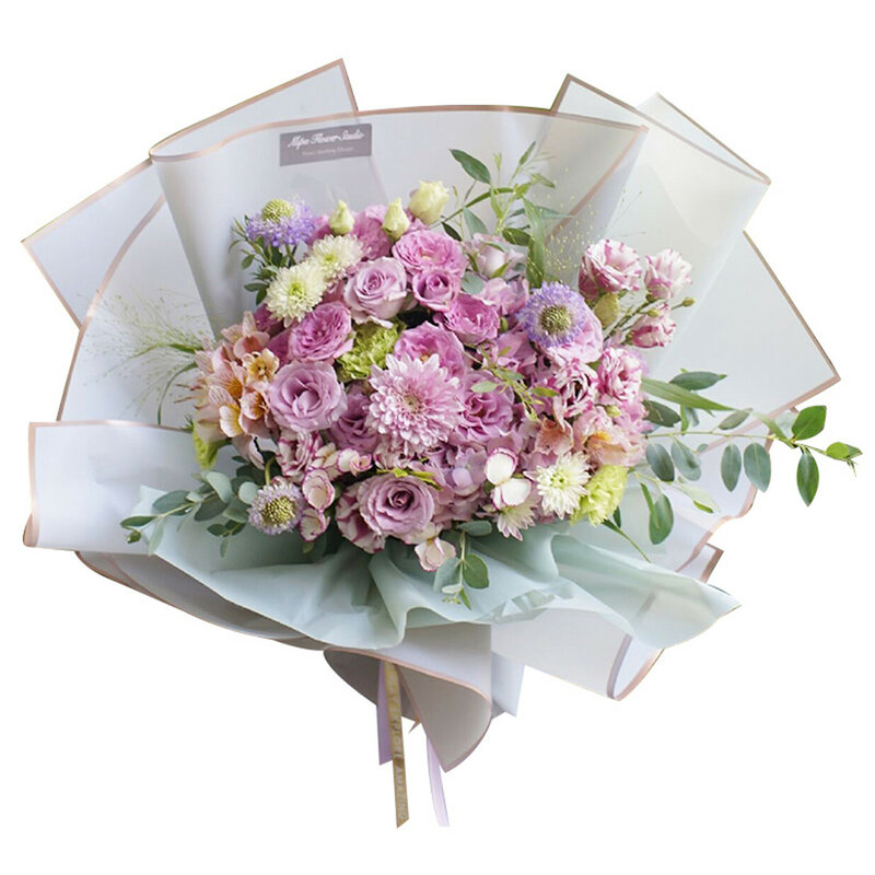 Papel de embrulho flor rosa, estilo coreano, meio transparente, embrulhar presente, florista buquê papel de embrulho, borda dourada, 20 unidades por pacote
