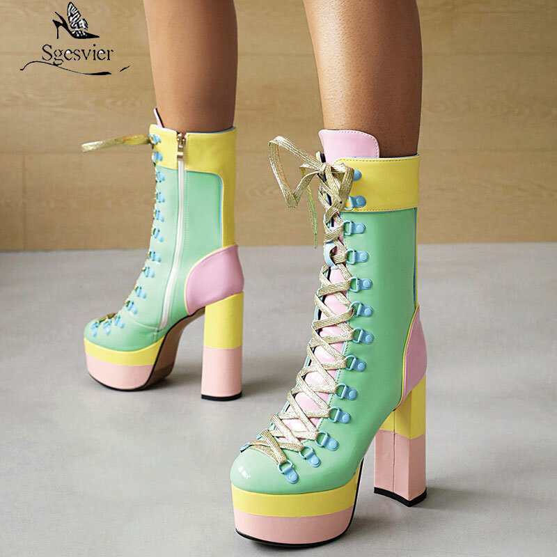 Sgesvier-Botines de charol para mujer, botas cortas de tacón alto cuadrado con plataforma, de colores mixtos, con cordones, Color amarillo