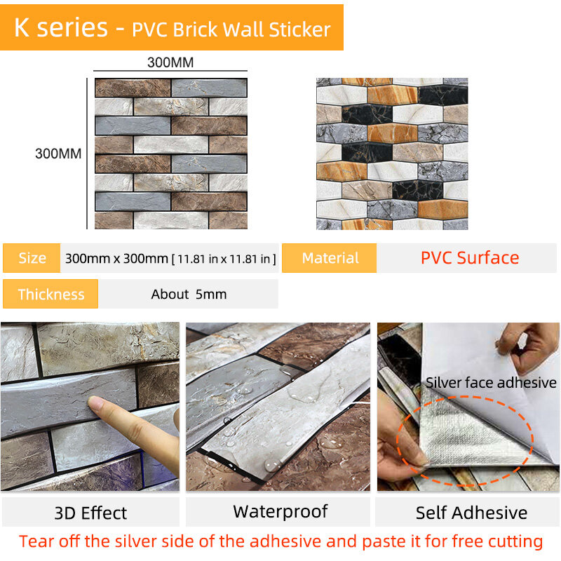 =(K)= 30pcs/lot 3D Self-Adhesive Wallpaper DIY Brick Stone Wood Marble Mosaic Waterproof  Wall Stickers Home Decoration Kitchen