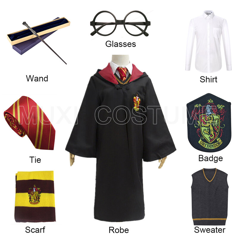 Robe Cloak with Tie Scarf Glasses Shirt Badge Sweater Metal Core Wand Gryffindor Cosplay Harris Costume