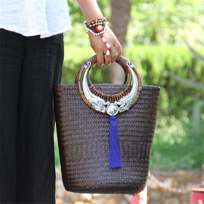 Bolsa de mão estilo chinês original com palha antiga, bolsa de mão de vime retrô tecida e nova bolsa de balde a6113 22x28cm