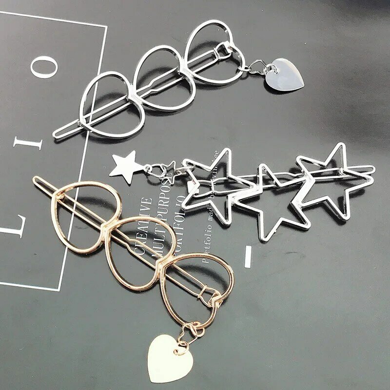 Fashion New Girl Love Five-pointed Star Alloy Clip Bangs Clip Adult Simple Hollow Hairpin Clip Child Woman Hair Accessories