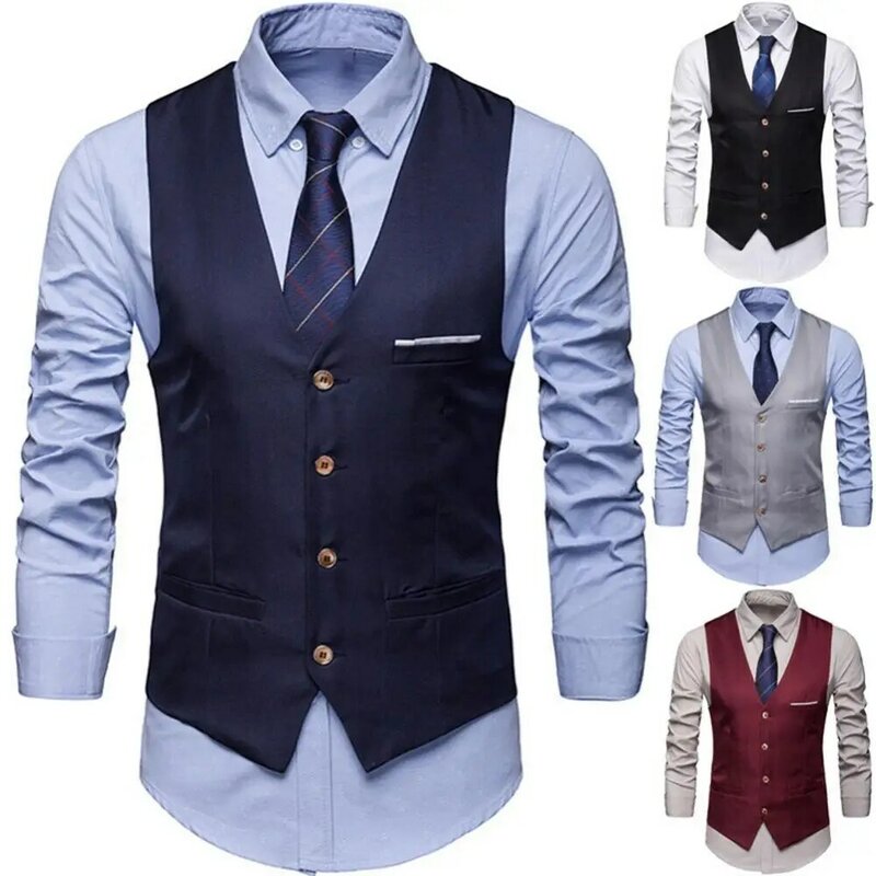 Fashion Formal Men Vest Solid Color Suit Vest Single Breasted Business Waistcoat