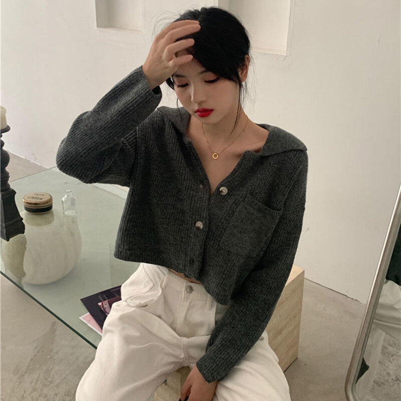 Short Women Knitting Tops 2022 New Single Breasted Solid Female Knitted Cardigan European Style Spring Autumn Ladies Sweaters