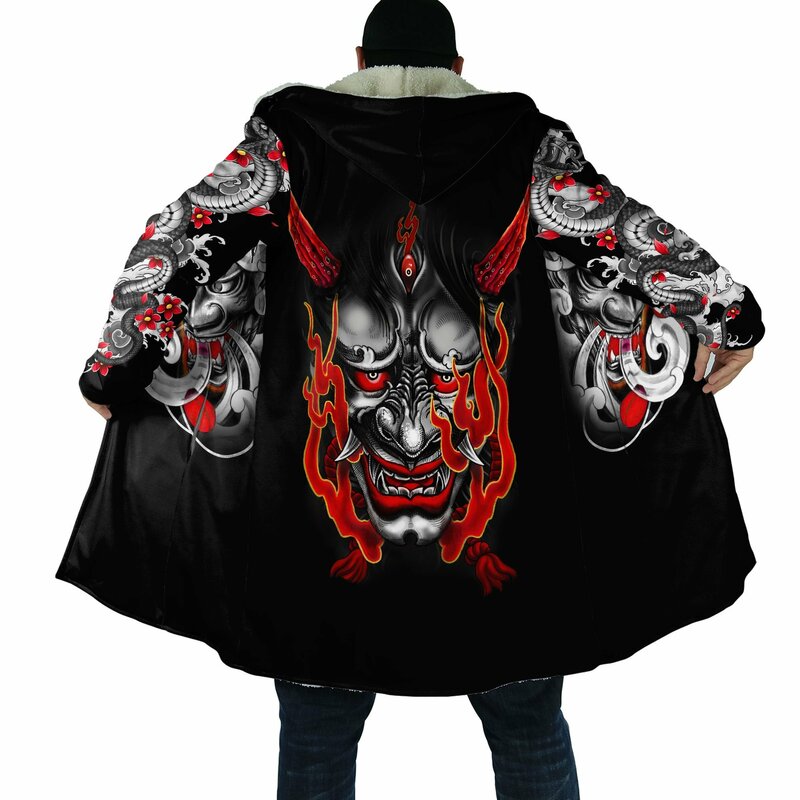 Capa de invierno con capucha para hombre, estampado 3D de tatuaje Samurai Oni, capa gruesa y cálida, Unisex, envío directo, PF31