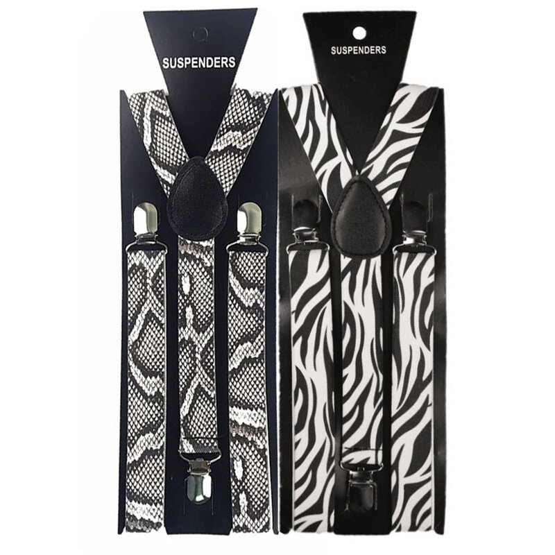 Fashion 2.5 Cm Zebra Print Ular Mencetak Kawat Gigi Elastis Celana Suspender 3 Klip Adjustable Kemeja Suspender