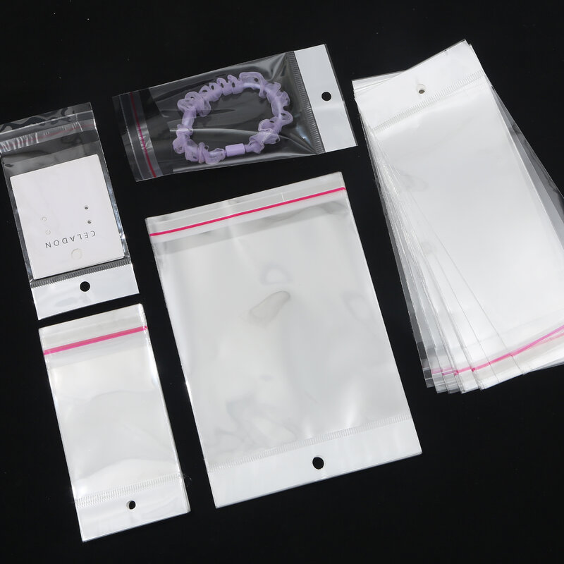 100Pcs Self Adhesiveพลาสติกกระเป๋าOPPโพลีแพ็คกระเป๋าHang Holeขายปลีกบรรจุภัณฑ์เครื่องประดับกระเป๋า