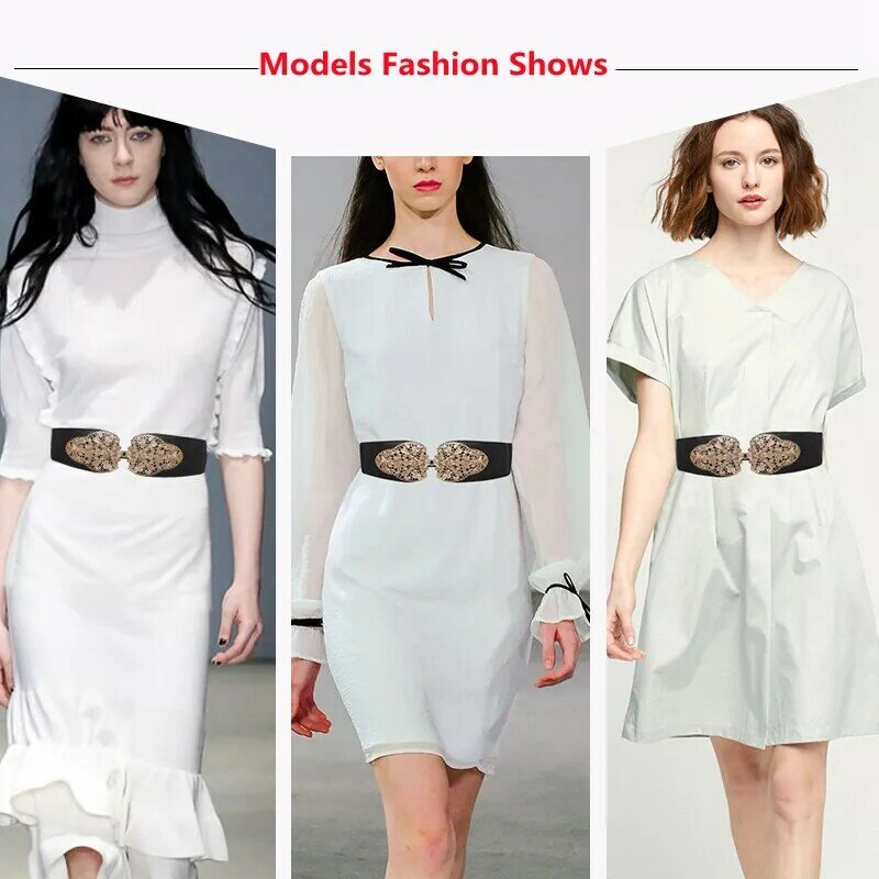 Woman Fashion Faux Leather Belt Elastic Female Overcoat Wide Waist Seal Gold Leaf Hollow Buckle Waistbands For Women Accessories