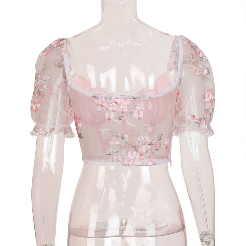 Newasia espartilho sexy de malha bordado, manga bufante, transparente, blusa feminina, cropped floral, para o verão