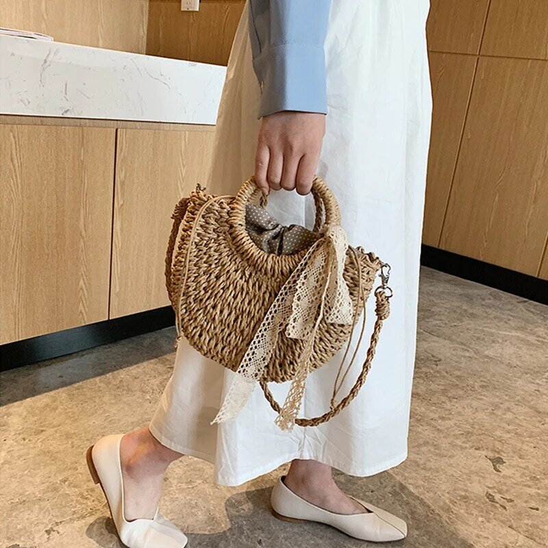PACENTO Straw Bags for Women Handmade Bag for Woman Summer 2020 Moon Shape Rattan Bag Big Capacity Travel Beach Shoulder Bag