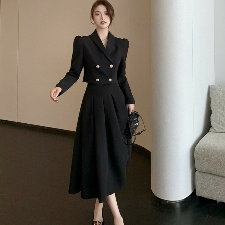 Fashion Temperament For Women Black Long Sleeve Short Blazers + High Waist Long Pleated Skirt 2 Piece Sets Female Elegant Suit