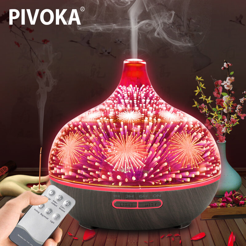 PIVOKA 400ml Luftbefeuchter 3D Aroma Diffusor Ätherisches Öl Aromatherapie Ultraschall Holz Nebel Maker Fernbedienung 7 Farbe LED