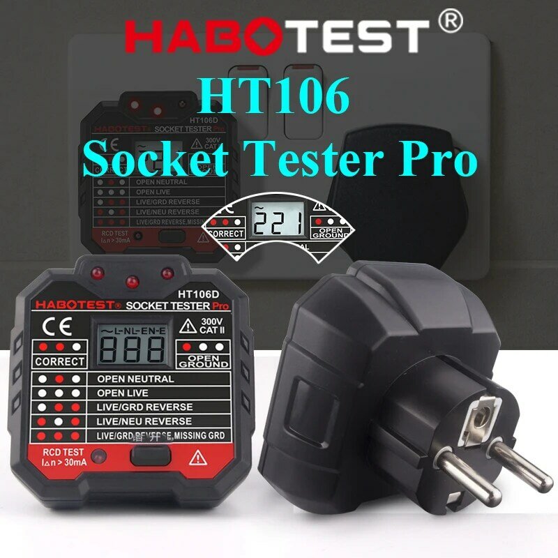 Habotest Socket Tester Pro แรงดันไฟฟ้าทดสอบ RCD 30mA ซ็อกเก็ตเครื่องตรวจจับ UK EU Plug Ground Zero Line Plug ขั้ว Phase Check