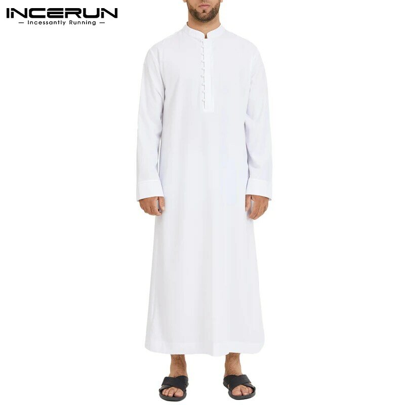 INCERUN-túnica musulmana de manga larga para hombre, caftán árabe islámico, Color sólido, transpirable, cuello levantado, Abaya S-5XL, 2023