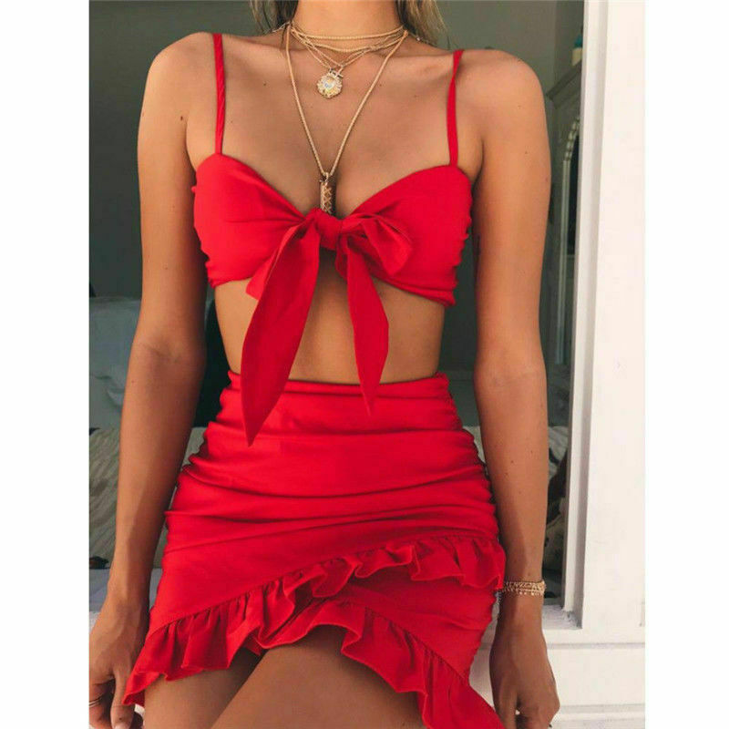 Hirigin Two Piece Women Swimwear Bow Push Up Bikini Ruffled Hem Skirt Bikini Set Swimsuit Beach Bathing Suit Red Biquinis