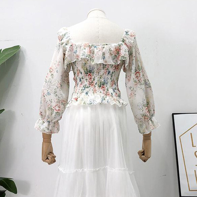 Chiffon floral impressão plissada blusa feminina coreano puff manga fora do ombro superior feminino 2020 primavera verão doce senhora blusas