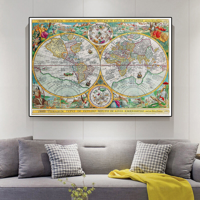 1594 اللاتينية خمر خريطة العالم 150x100 سنتيمتر غير المنسوجة قماش اللوحة الزخرفية العالم الفن المشارك الجدار ملصق مكتب المنزل الديكور