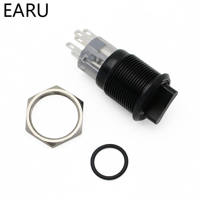 19mm Black Self-return Momentary Self-locking Fixation Waterproof DPDT Illuminated Metal Selector Rotary Switch 2/3 Position LED