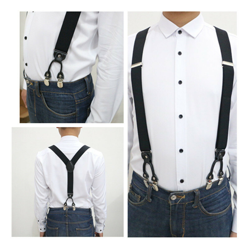 Multi Pattern Grid Men's Casual Fashion Braces High Quality Leather Suspenders Adjustable 6 Clip Belt Strap