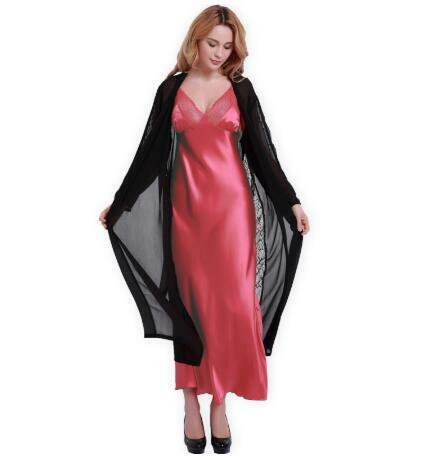 Модная новинка шелковые халаты + ночная рубашка женская пижама из двух частей сексуальный кружевной халат для сна с V-образным вырезом ночные рубашки с длинным рукавом FW001