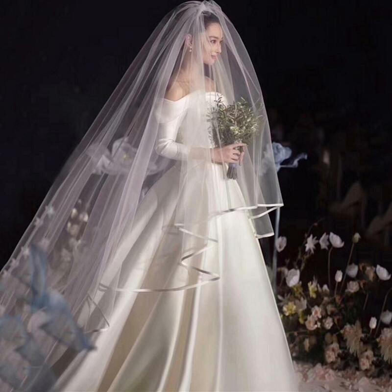 Véu de noiva longo com borda da fita, véu de noiva com duas camadas, acessório para festa de casamento