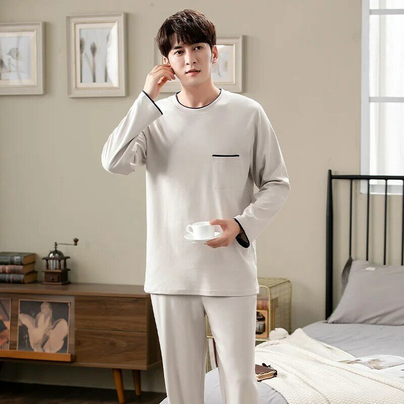 Fashion Autumn Solid Color Pajamas Set For Men Long Sleeve Pure Cotton Male Sleepwear Big Yards M-4XL Home Wear Lounge Nightwear