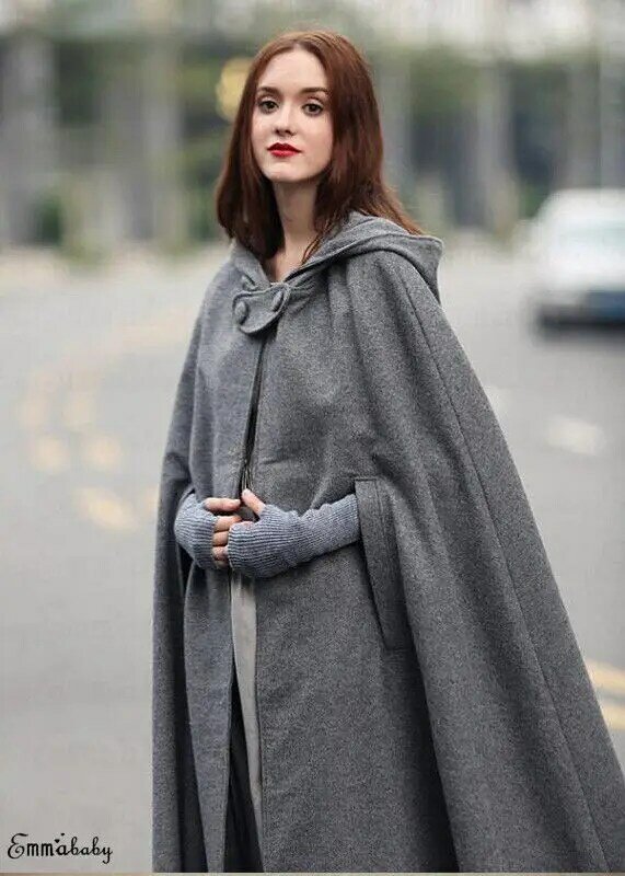 Capa larga para mujer, capa con capucha, mezcla de lana, abrigo sin mangas, cárdigan de invierno, cálido, moda de Cosplay, fresco