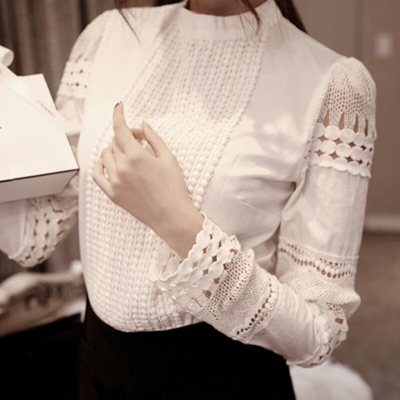 O Fashion elegancka damska koszula szydełkowa topy Slim jednolity haft z długim rękawem formalna biała bluzka