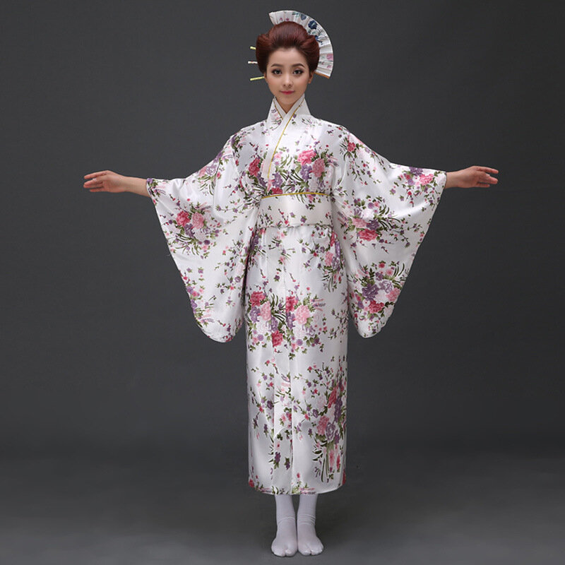 Samurai Kostuum Japanse Dame Kimono Vrouwen Oriental Gedrukt Bloemen Formele Kleding Vrouwelijke Show Yukata Японская Одежда