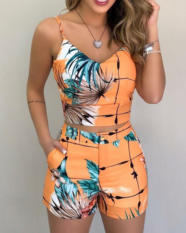 2020 Women Fashion Elegant Sexy V Neck Casual Print Spaghetti Strap Crop Top & Short Sets Summer Beach Sleeveless Top Shorts Set