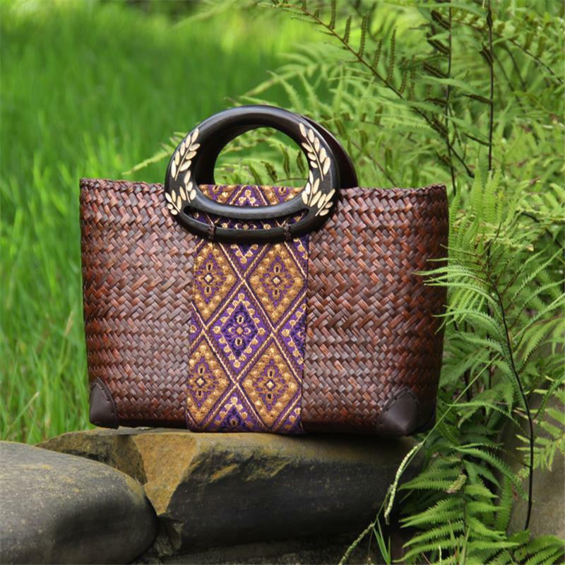 Винтажная соломенная сумка ручной работы 35x21 см, тайская Плетеная соломенная сумка, Пляжная плетеная Женская сумочка для отдыха на море a6108
