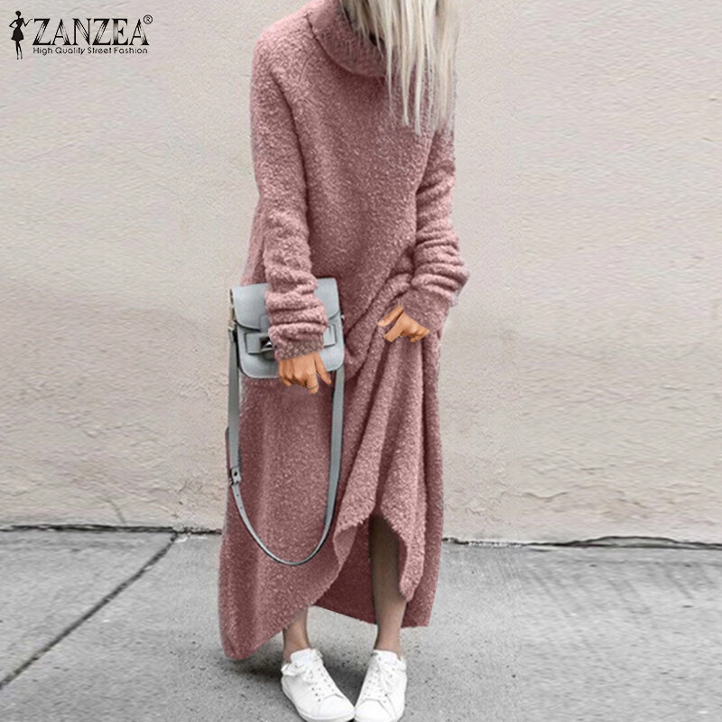 ZANZEA – Robe longue à col roulé et manches longues pour Femme, sweat-shirt d'automne en peluche duveteux, couleur unie, ample