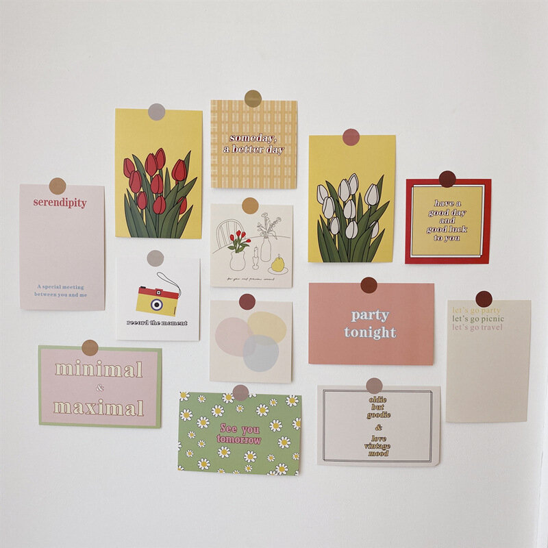 Ins-英語の花,幾何学的なカラーブロック,自分でできるウォールステッカー,装飾的なチューリップカード,13枚