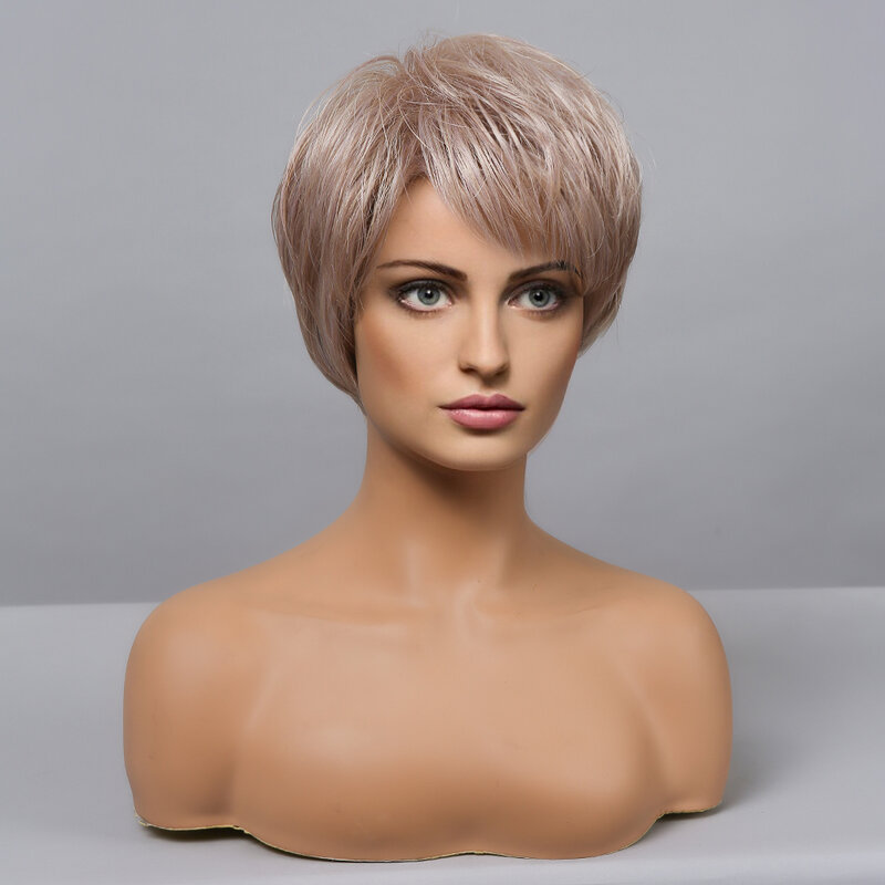 HAIRCUBE Kurze Pixie Cut Perücken Menschenhaar Mischung Synthetische Perücken für Frauen Mischte Rose Blonde Braun Layered Haar Perücke mit seite Bang