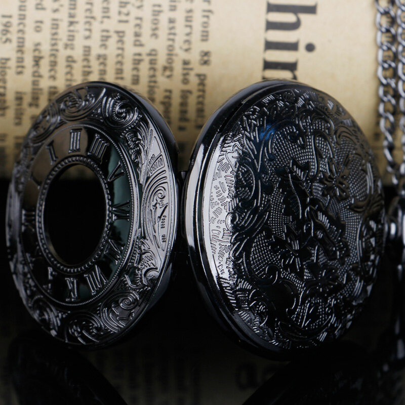 Jam tangan saku hitam antik Fashion CharmUnisex, kalung liontin dengan rantai nomor Roman kuarsa Steampunk