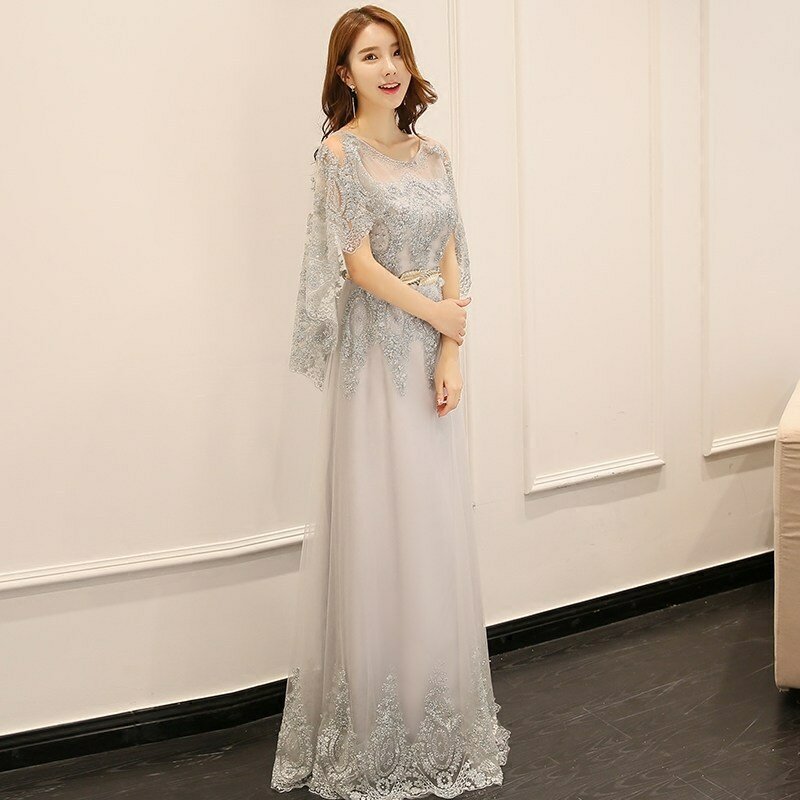 Korean Style O-Neck Cap Sleeve Banquet Gowns For Women Sashes Appliques Floor-Length Embroidery Elegant Party Dress