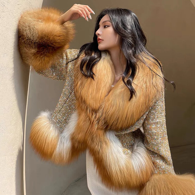 Girl's Fashion Winter Short Natural Real Red Fox Fur Collar Long Sleeve Warm Lady's Belt Slim Winter Overcoat