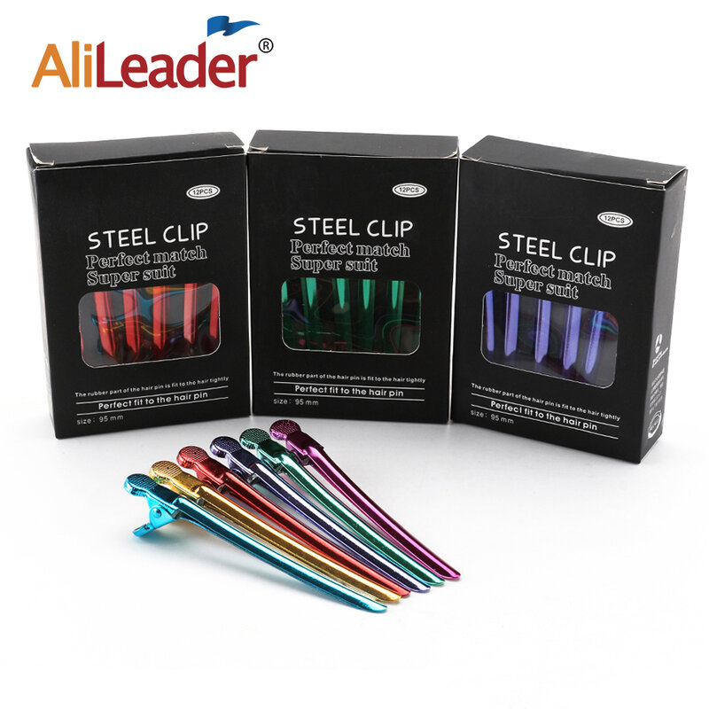Alileader-Clips de pico de pato, 12 unids/caja, Clip de Metal fuerte colorido de acero inoxidable, herramientas de salón de peluquería para hacer pelucas y peinados