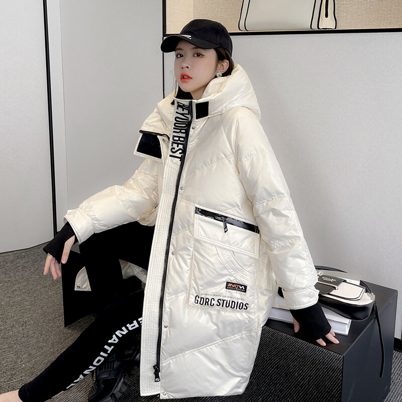 중간 길이 두꺼운 여성용 다운 재킷, 화이트 덕 다운 후드 파커, 고품질 코트, 겨울 패션, 2023 신상