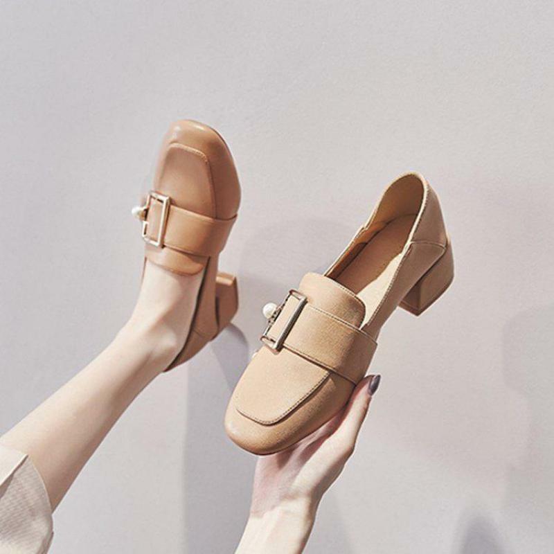 봄 여름 스퀘어 헤드 로퍼 새로운 조커 영국 스타일 Chunky Heels 직업 공식 착용 기질 패션 플랫 신발