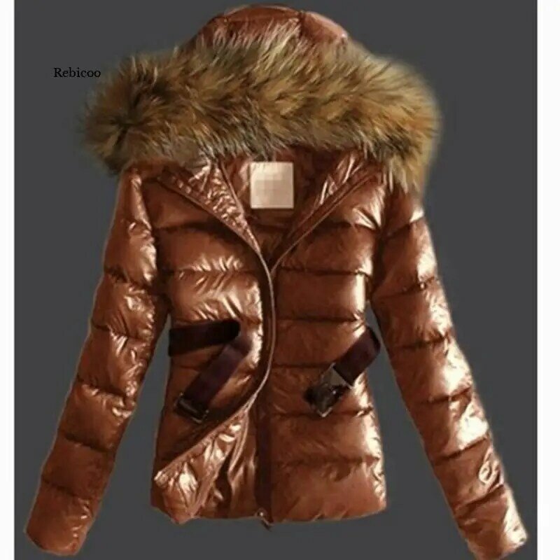 Parka Coat Women Jacket Casual Padded Pu Leather Jacket Solid Hooded Long Sleeve Zip-Up Thick Warm Short Coat with Belt