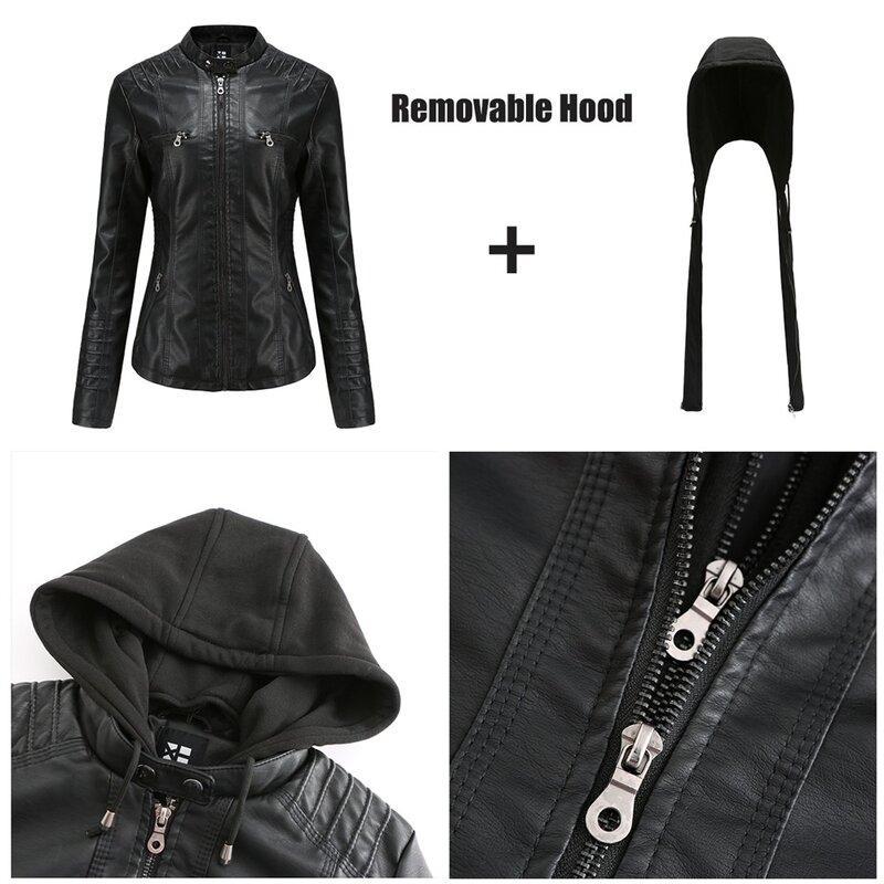 Autumn Winter Women Leather Jacket Hooded Removable PU Leather Jackets Motorcycle Long Sleeve Zipper Coat Black Outerwear XS-7XL