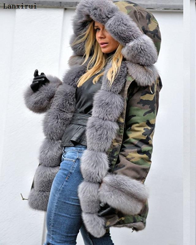 Lanxirui-parka de piel de zorro para mujer, de piel grande Abrigo con capucha y cuello, abrigo cálido, Chaqueta larga de alta calidad para invierno