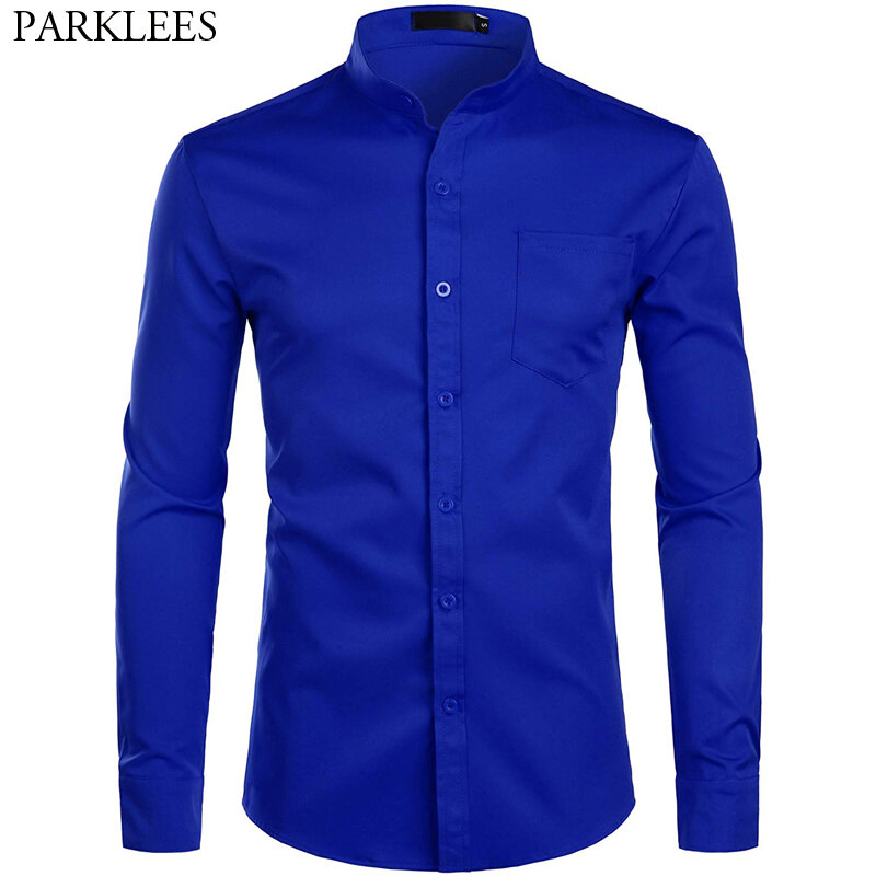 Camisas de vestir azules reales para hombre, camisa de manga larga con cuello mandarín, informal, con botones y bolsillo, 2XL, 2022