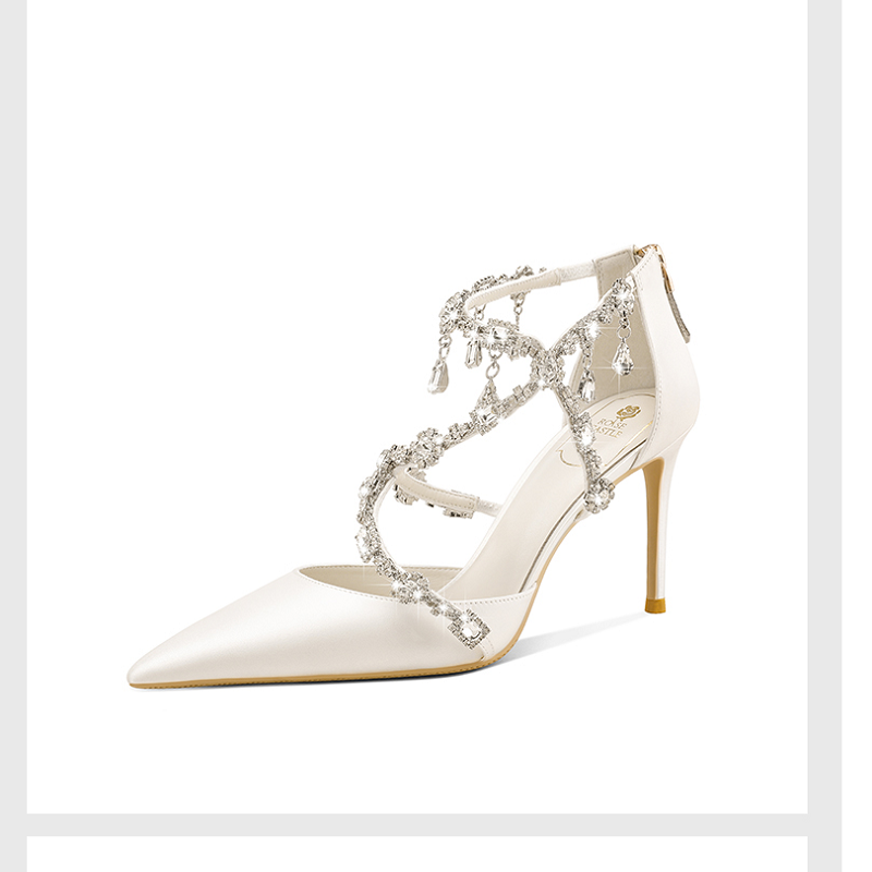 Zapatos de boda de aguja sencillos para mujer, sandalias puntiagudas con diamantes de imitación, color blanco, para fiesta, Primavera, 2021