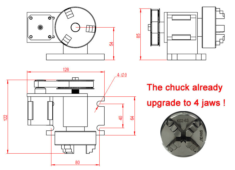 CNC Rotary Axis Kit Chuck, Ferramentas Tailstock, Centro dedal, Fresadora Parte da Máquina, 65mm Atividade, 4 ° Eixo, 54mm