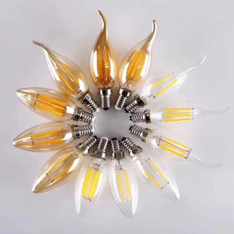 Vela de filamento LED Edison para luz de cristal, 5 piezas, color dorado, C35, C35L, 2W, 4W, 6W, Blanco cálido, regulable, E14, E12, E27, 220V, 110V
