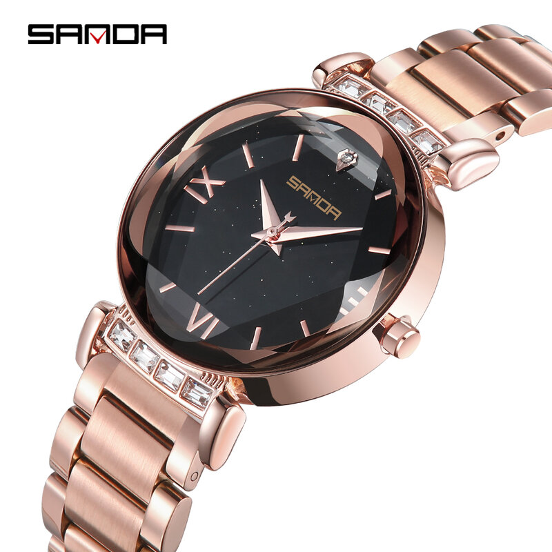 2020 luksusowa marka Sanda Lady zegarek kryształowy kobiety ubierają moda różowo-złoty kwarc zegarki kobiet zegarki na rękę ze stali nierdzewnej 1002